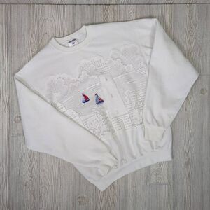 VTG Jerzees Adult Medium White Embroidered Sailboat Lighthouse Pullover Sweater